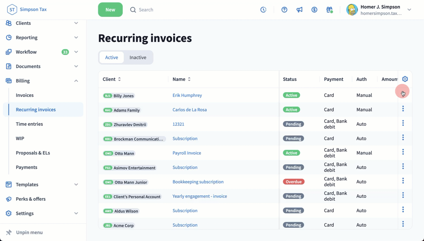 Recurring Invoices Examples Actions with recurring invoices - TaxDome Help Center