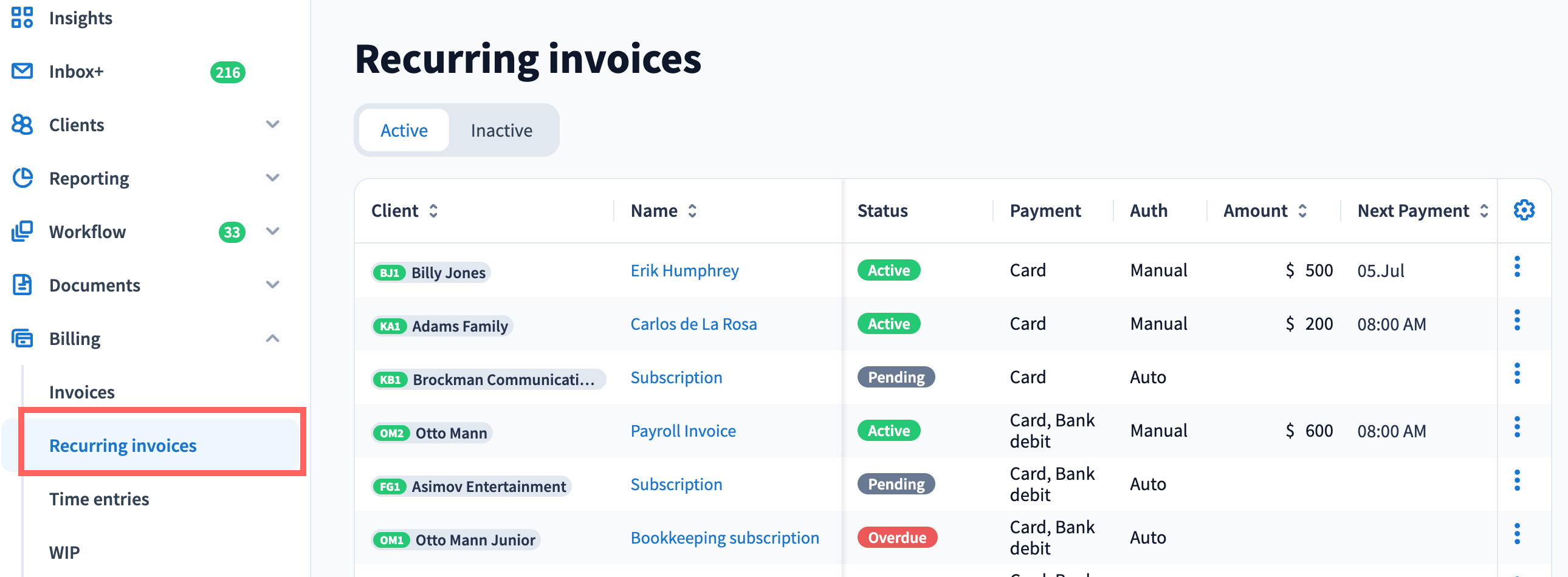 Work with recurring invoices list - TaxDome Help Center