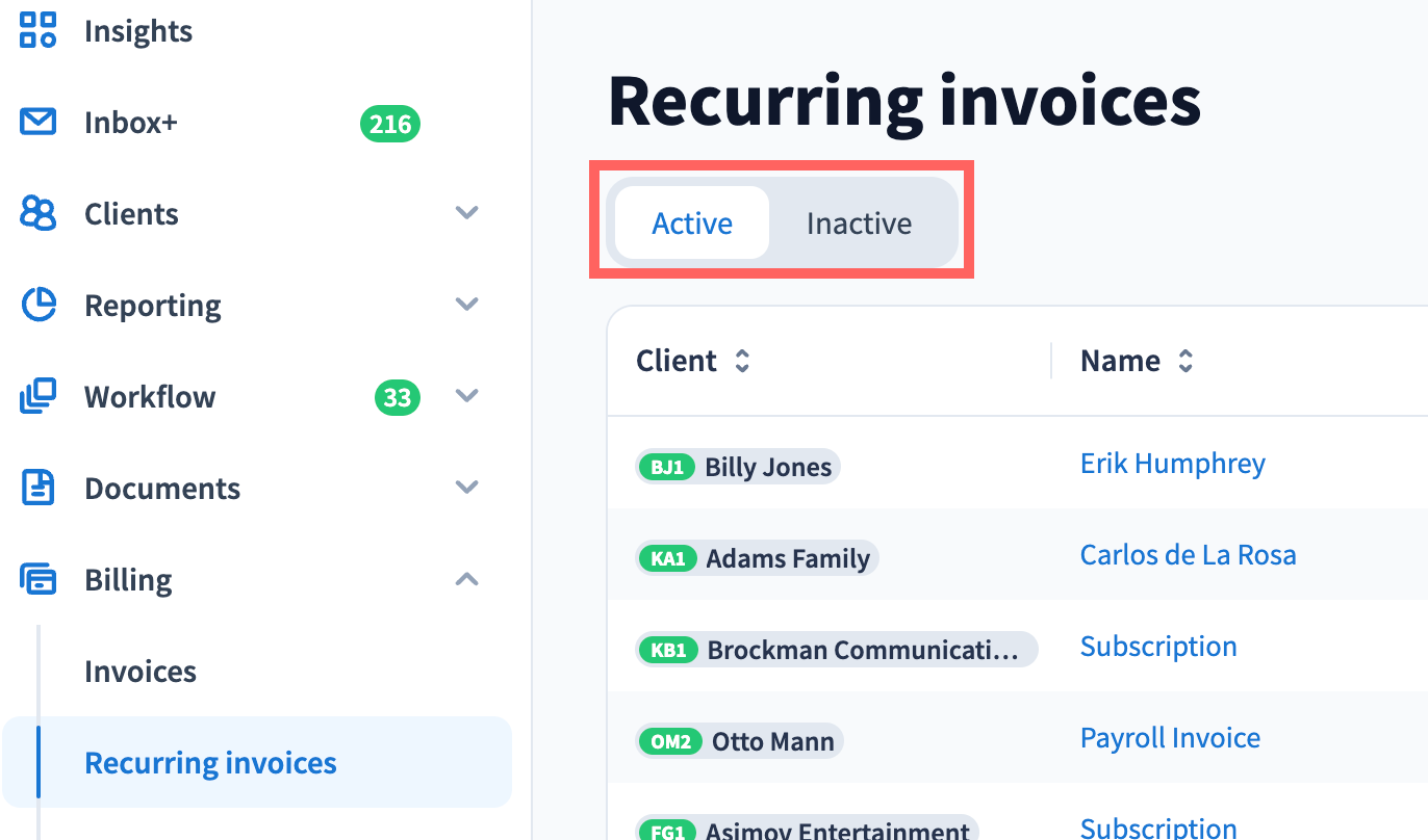 Work with recurring invoices list - TaxDome Help Center