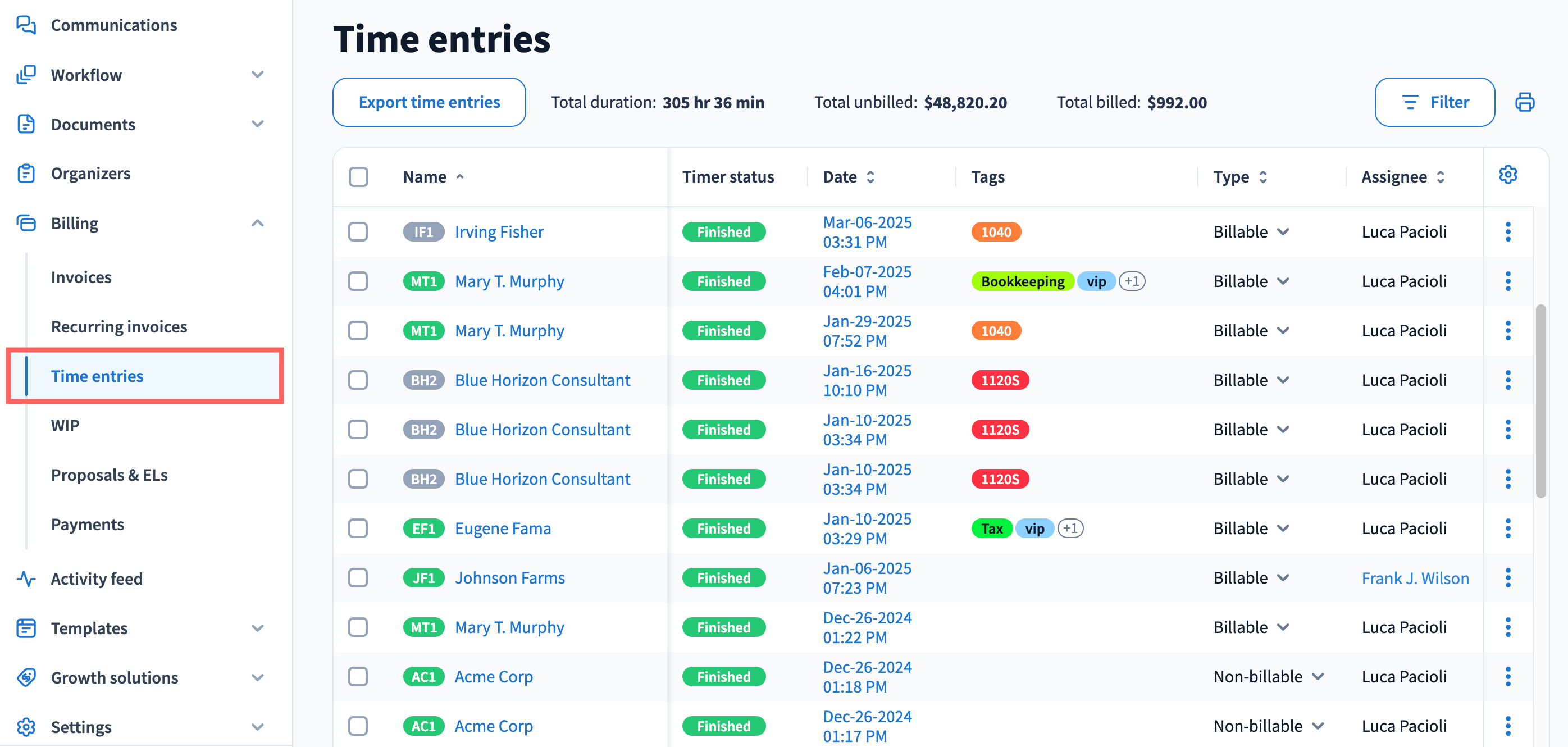 Work with time entry list - TaxDome Help Center